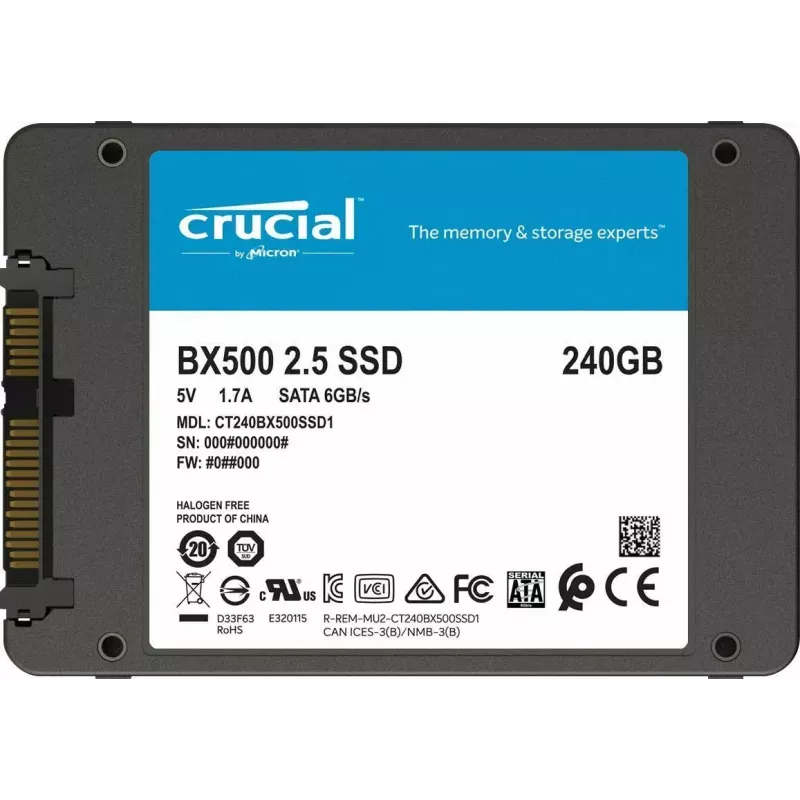 CRUCIAL BX500 240GB SSD, 2.5” 7mm, SATA 6 Gb/s, lugemine/kirjutamine: 540 / 500 MB/s