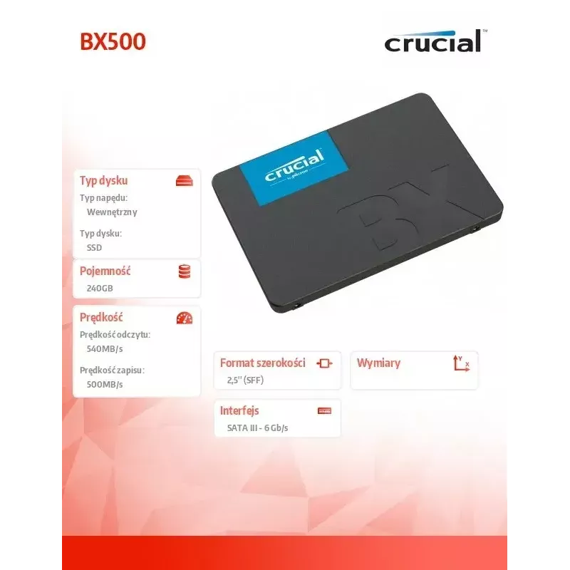 CRUCIAL BX500 240GB SSD, 2.5” 7mm, SATA 6 Gb/s, lugemine/kirjutamine: 540 / 500 MB/s