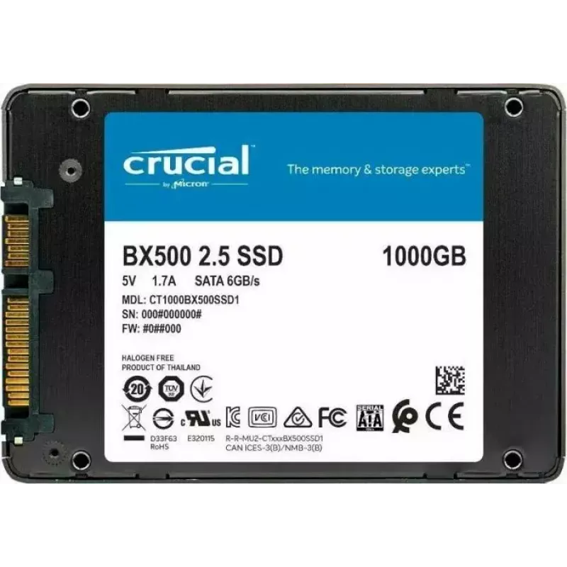Crucial BX500 1TB 3D NAND SATA 2,5-tolline sisemine pooljuhtketas, kuni 540 MB/s - CT1000BX500SSD1