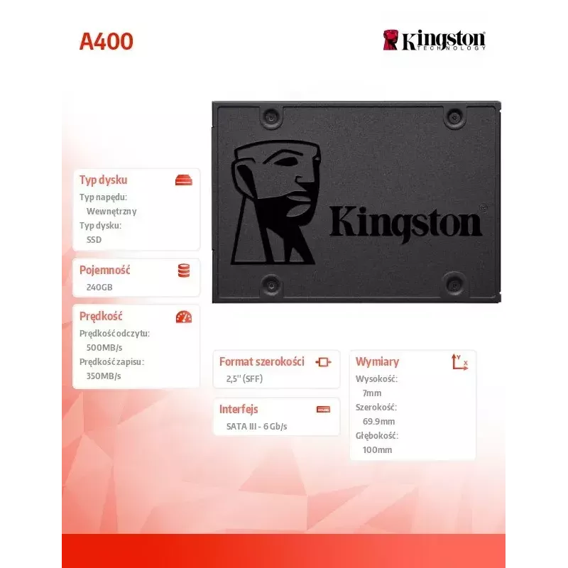 Kingston 240 GB A400 SATA 3 2,5-tolline sisemine SSD SA400S37/240G