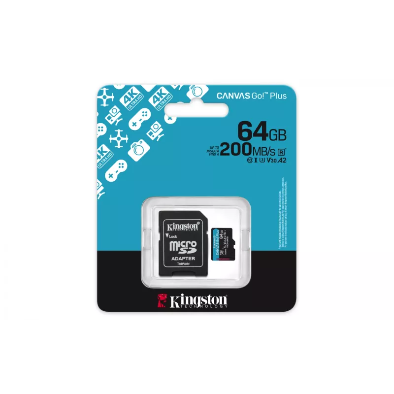 Kingston Technology 64GB microSDXC Canvas Go Plus Gen4 200MB/s A2 U3 V30 kaart + adapter