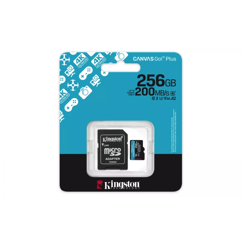 Kingston Technology 256GB microSDXC Canvas Go Plus Gen4 200MB/s A2 U3 V30 kaart + adapter