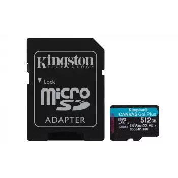 Kingston Technology 512GB microSDXC Canvas Go Plus Gen4 200MB/s A2 U3 V30 kaart + adapter