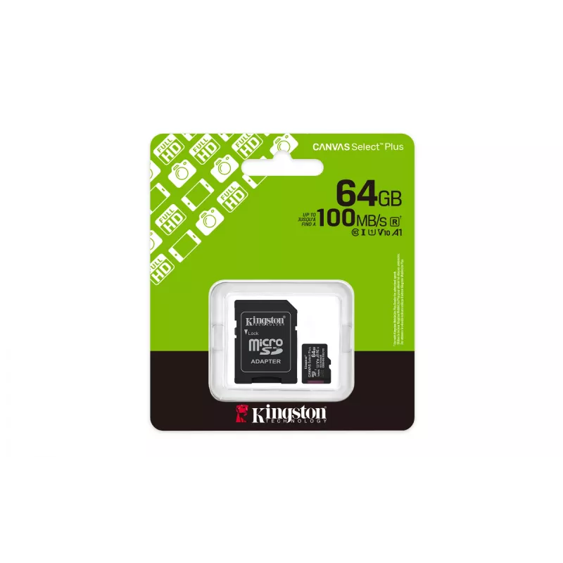 Kingston Technology 64GB microSDXC Canvas Select Plus Gen3 100MB/s A1-kaart + adapter