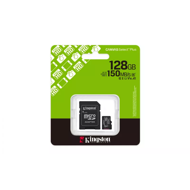 Kingston Technology 128GB microSDXC Canvas Select Plus Gen3 150MB/s A1-kaart + adapter