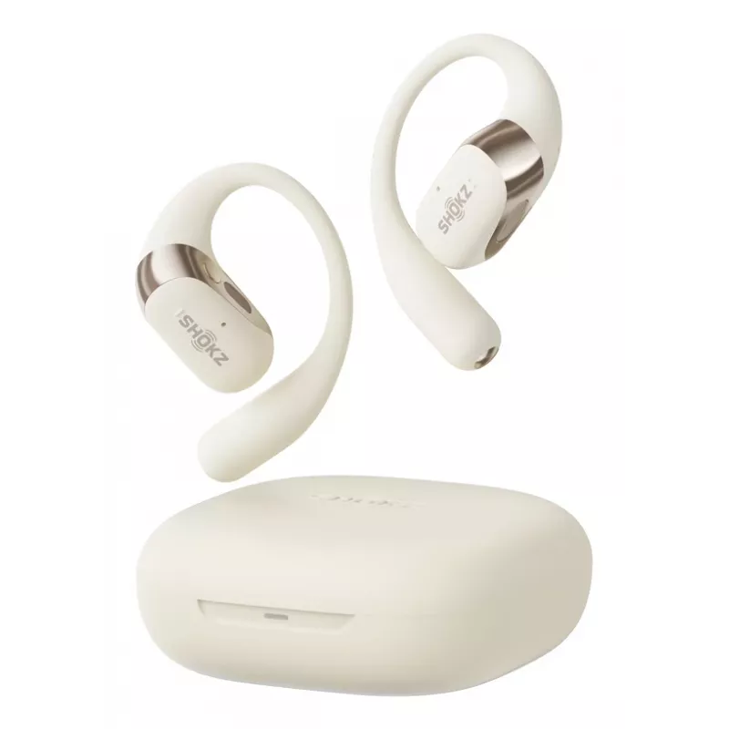 Avatud kõrvaga juhtmevabad kõrvaklapid Shokz OpenFit 2 — Bluetooth 5.4, IP55, luuülekanne, 11 h taasesitus (48 h laadimisümbrisega), USB‑C, beež