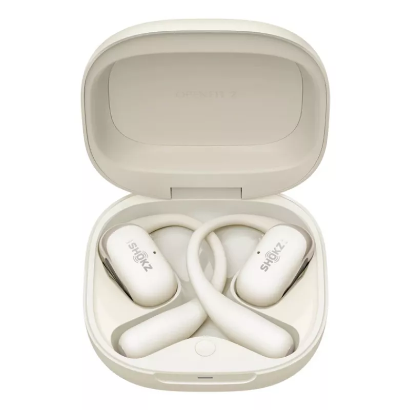 Avatud kõrvaga juhtmevabad kõrvaklapid Shokz OpenFit 2 — Bluetooth 5.4, IP55, luuülekanne, 11 h taasesitus (48 h laadimisümbrisega), USB‑C, beež