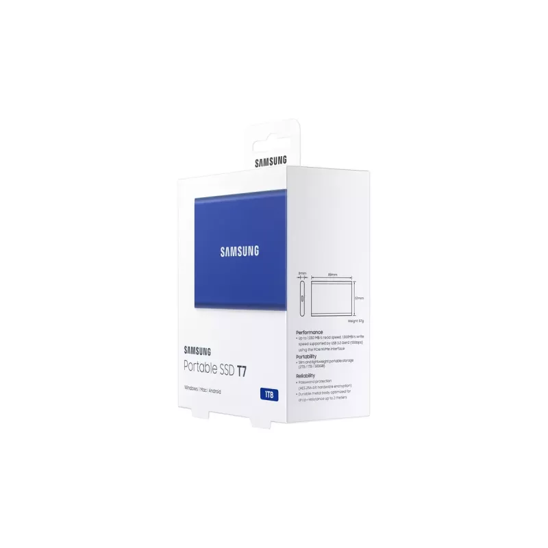 Väline SSD Samsung T7 Portable 1 TB, USB-C 3.2 Gen 2, NVMe, AES-256 riistvaraline krüpteerimine, sinine