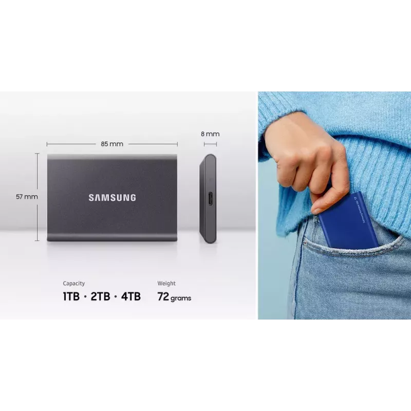 Väline SSD Samsung T7 Portable 1 TB, USB-C 3.2 Gen 2, NVMe, AES-256 riistvaraline krüpteerimine, sinine