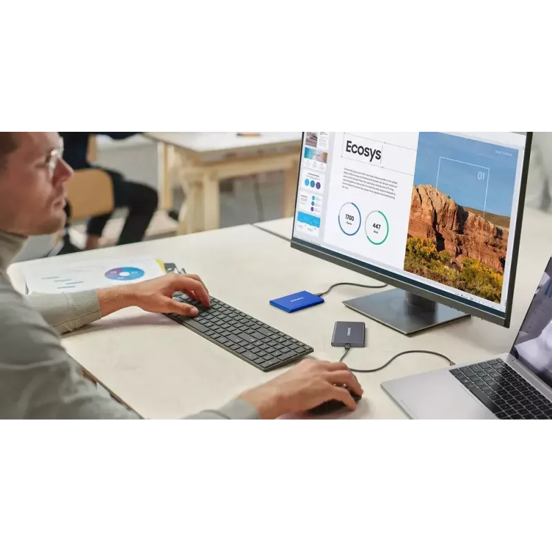 Väline SSD Samsung T7 Portable 1 TB, USB-C 3.2 Gen 2, NVMe, AES-256 riistvaraline krüpteerimine, sinine