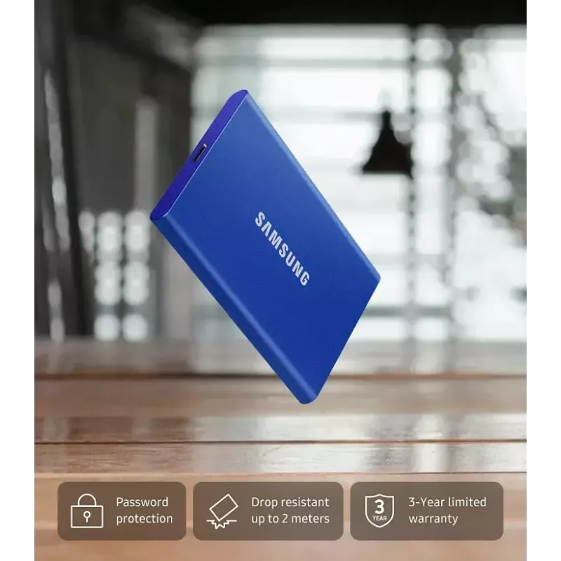 Väline SSD Samsung T7 Portable 1 TB, USB-C 3.2 Gen 2, NVMe, AES-256 riistvaraline krüpteerimine, sinine