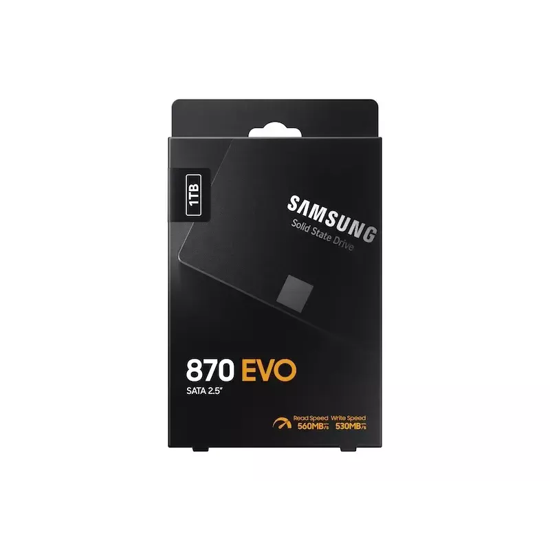 SSD 2,5-tolline Samsung 870 EVO 1000 GB — SATA III, lugemiskiirus 560 MB/s, kirjutamiskiirus 530 MB/s, must