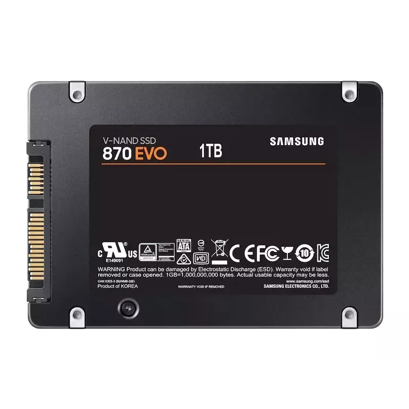 SSD 2,5-tolline Samsung 870 EVO 1000 GB — SATA III, lugemiskiirus 560 MB/s, kirjutamiskiirus 530 MB/s, must