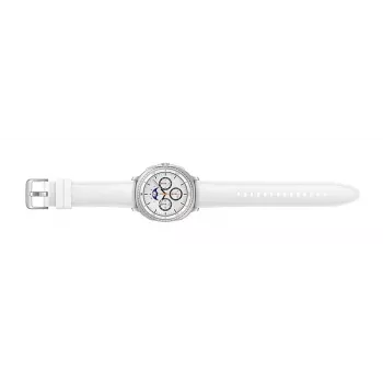 Nutikell Samsung Galaxy Watch 8 Classic 46 mm — 1,3-tolline AMOLED, 438×438, 64 GB, Wi‑Fi, GPS, hõbedane korpus, valge rihm