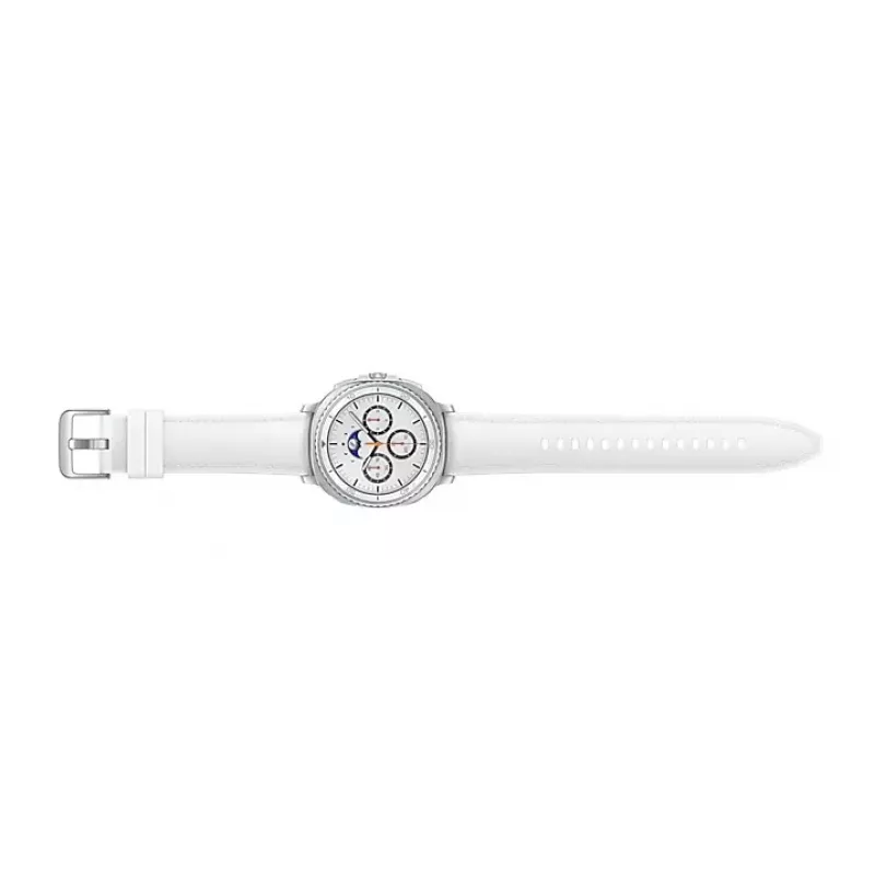 Nutikell Samsung Galaxy Watch 8 Classic 46 mm — 1,3-tolline AMOLED, 438×438, 64 GB, Wi‑Fi, GPS, hõbedane korpus, valge rihm