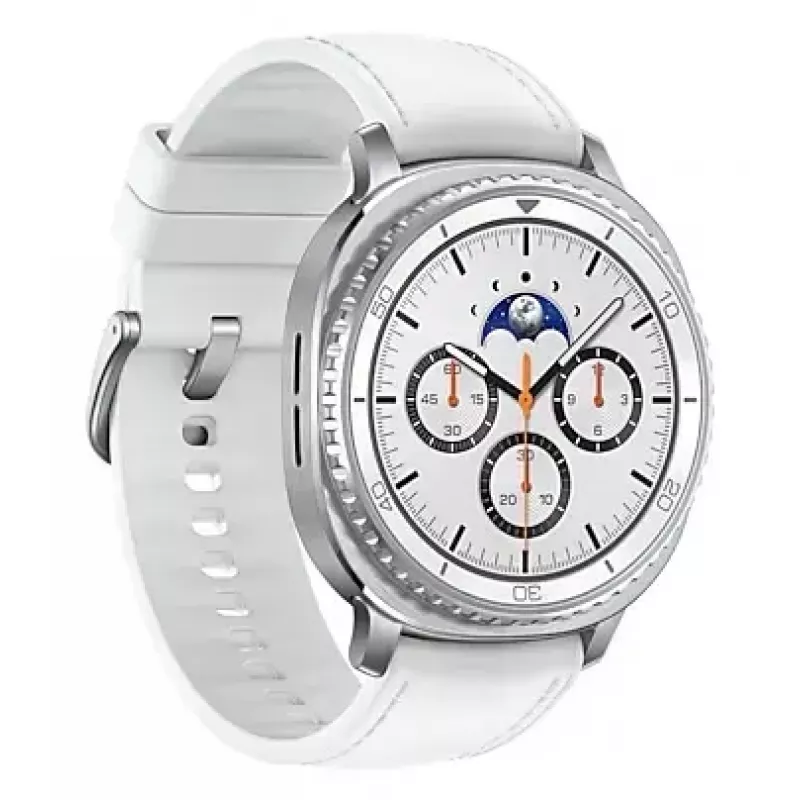 Nutikell Samsung Galaxy Watch 8 Classic 46 mm — 1,3-tolline AMOLED, 438×438, 64 GB, Wi‑Fi, GPS, hõbedane korpus, valge rihm