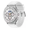 Nutikell Samsung Galaxy Watch 8 Classic 46 mm — 1,3-tolline AMOLED, 438×438, 64 GB, Wi‑Fi, GPS, hõbedane korpus, valge rihm