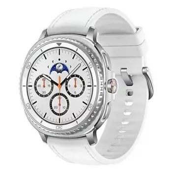 Nutikell Samsung Galaxy Watch 8 Classic 46 mm — 1,3-tolline AMOLED, 438×438, 64 GB, Wi‑Fi, GPS, hõbedane korpus, valge rihm