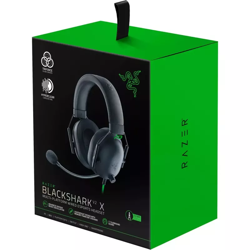Juhtmega mängupeakomplekt Razer MustShark V2 X — binauraalne, 3,5 mm, 32 Ω, 100 dB, mürasummutav painutatav mikrofon, 1,3 m kaabel, roheline/must