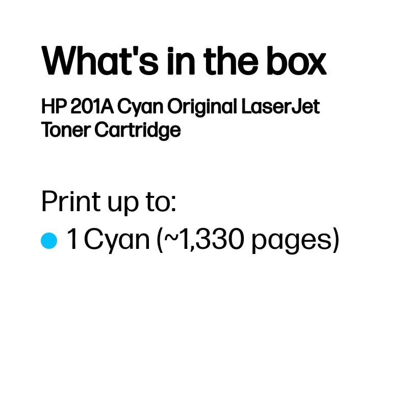 HP 201A Cyan originaalne LaserJet toonerikassett. Värvitooneri leheküljetootlikkus: 1330 lehekülge, Trükivärvid: Tsüaan, Kogus pakendis: 1 tk