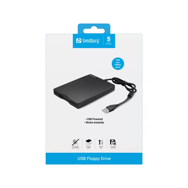 Sandberg USB-disketiseade, Väline disketiseade, USB 2.0, 360 p/min, 102 mm, 140 mm, 17 mm