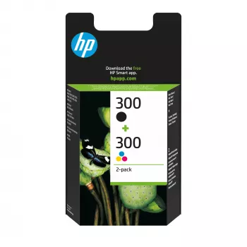 HP 300 2-pakk Must/Kolmevärviline originaalprinterikassett, must, tsüaan, magenta, kollane, pigmendipõhine tint, värvipõhine tint, 2 tk, 200 lehte, 165 lehte