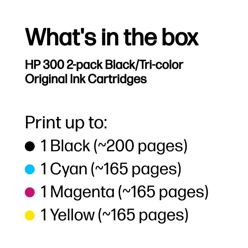 HP 300 2-pakk Must/Kolmevärviline originaalprinterikassett, must, tsüaan, magenta, kollane, pigmendipõhine tint, värvipõhine tint, 2 tk, 200 lehte, 165 lehte