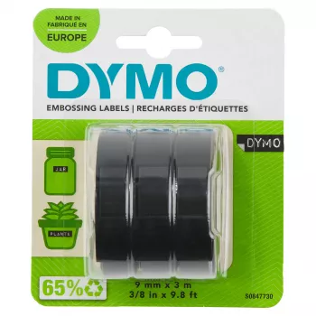 DYMO autentne reljeeftrüki märgistuslint | 9 mm x 3 m rullid | Valge trükis mustal | Isekleepuv | reljeeftrüki märgistusmasinatele | 3 tk