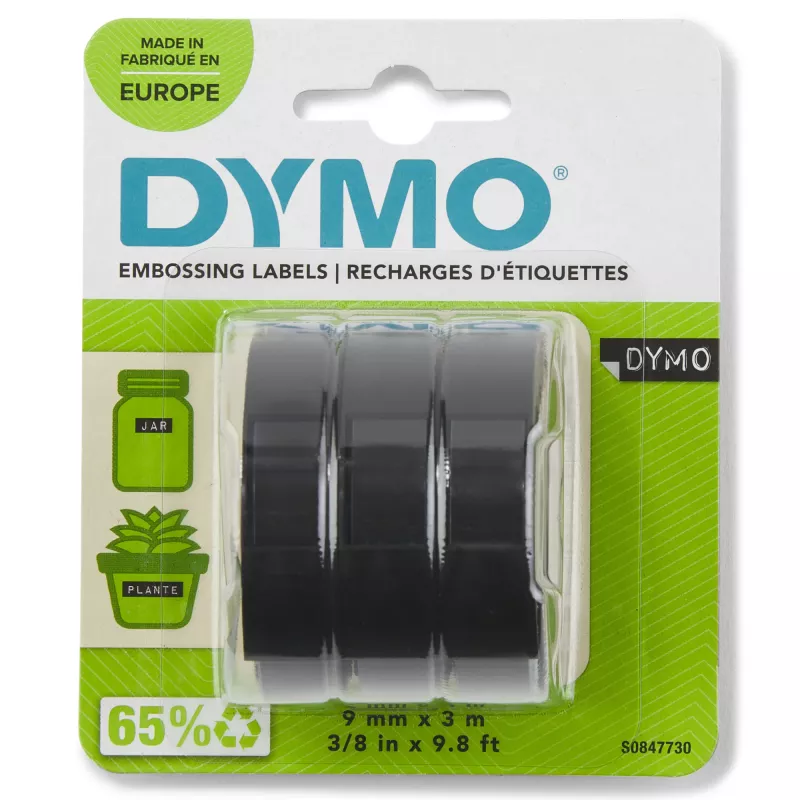 DYMO autentne reljeeftrüki märgistuslint | 9 mm x 3 m rullid | Valge trükis mustal | Isekleepuv | reljeeftrüki märgistusmasinatele | 3 tk