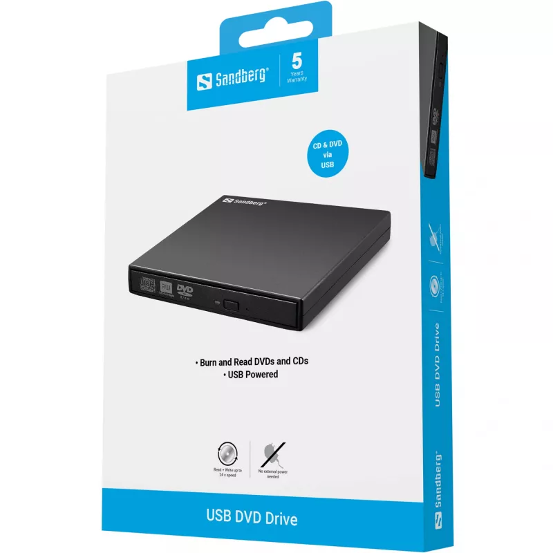 Sandberg USB DVD-draiv, must, lauaarvutile/sülearvutile, DVD Super Multi, USB 2.0, CD-R, CD-ROM, CD-RW, DVD-R, DVD-ROM, DVD-RW, 24x
