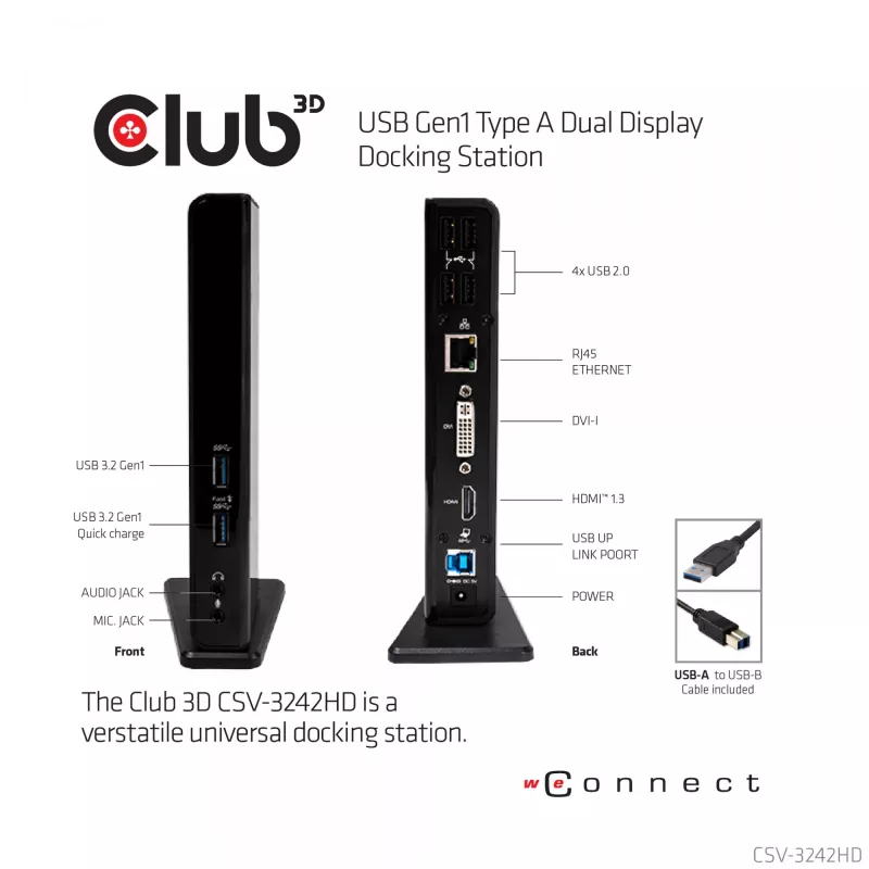 CLUB3D USB Gen1 Type A Dual Display (HDMI ja DVI) DisplayLink™ dokkimisjaam