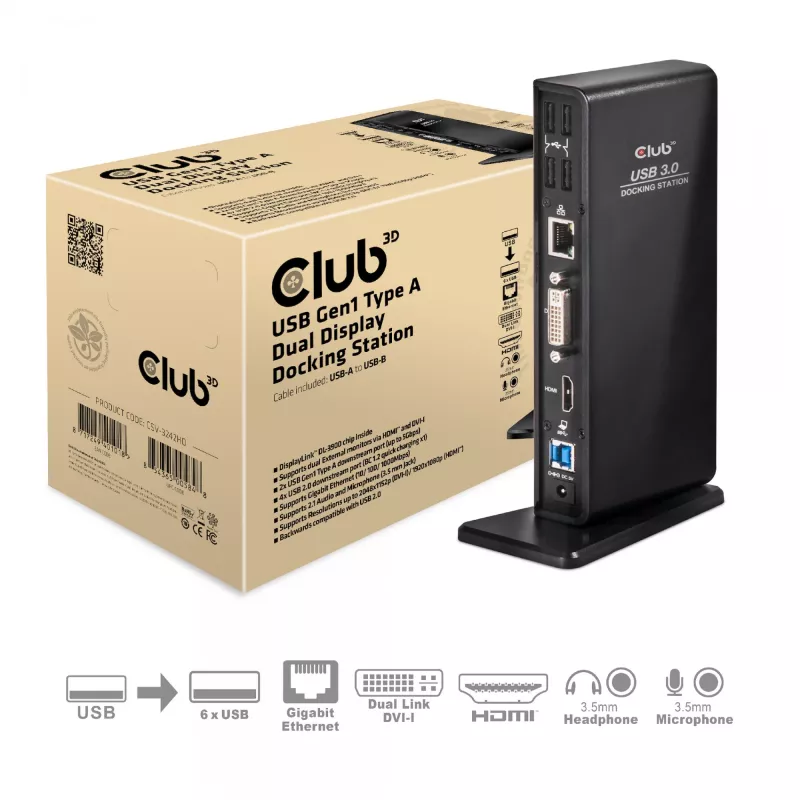CLUB3D USB Gen1 Type A Dual Display (HDMI ja DVI) DisplayLink™ dokkimisjaam