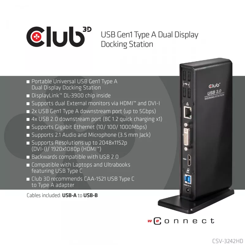 CLUB3D USB Gen1 Type A Dual Display (HDMI ja DVI) DisplayLink™ dokkimisjaam