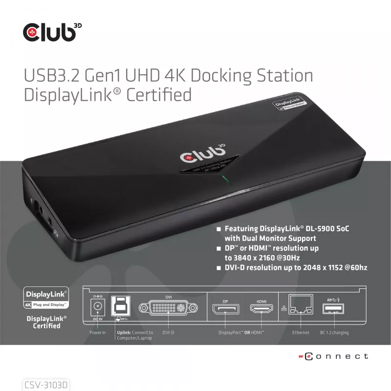 CLUB3D CSV-3103D The Club 3D universaalne USB 3.1 Gen 1 UHD 4K dokkimisjaam DisplayLink™