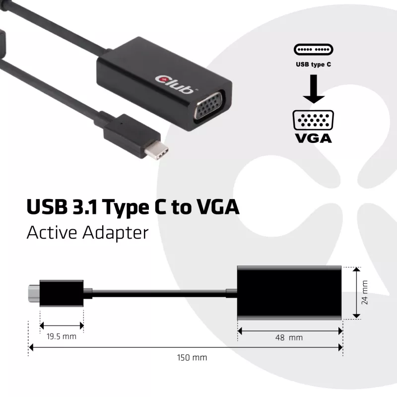 USB 3.1 Type C to VGA aktiivne adapter CLUB3D CAC-1502