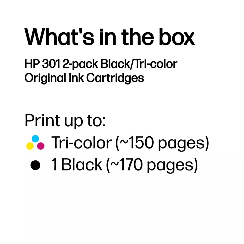 HP 301 2-pakk Must/Kolmevärviline originaalprinterikassett, must, tsüaan, magenta, kollane, pigmendipõhine tint, 2 tk, 170 lehekülge