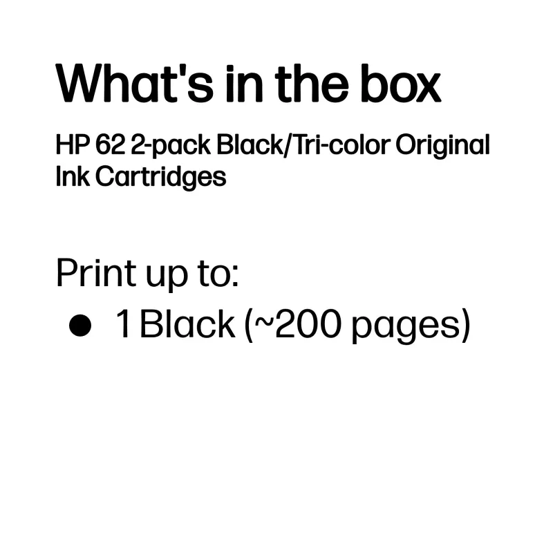 HP 62 2 tk musta/kolmevärvilised originaalsed tindikassetid, must, tsüaan, magenta, kollane, pigmendipõhine tint, 2 tk, 200 lehekülge