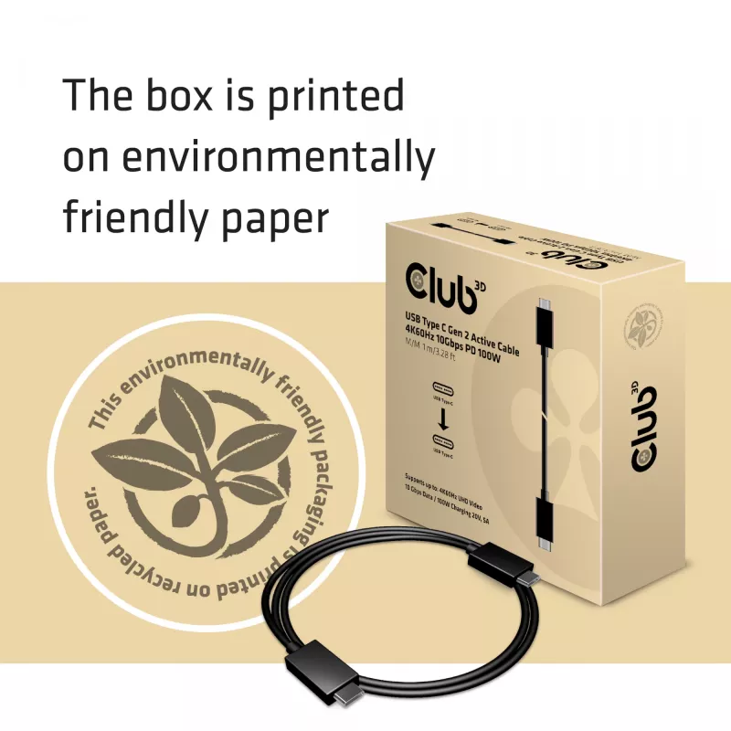 CLUB3D USB Gen2 Type C Video 4K60Hz, Data 10Gbps and 100W Charging 1Meter M/F