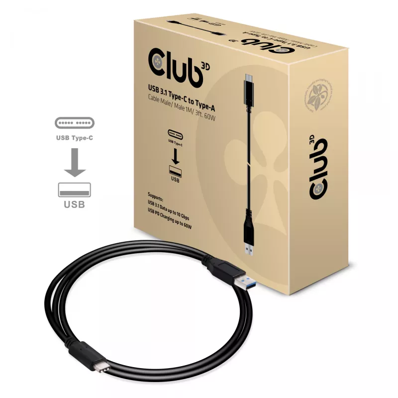 CLUB3D USB 3.1 USB-C to Type-A kaabel 10Gbps PD 60W M/M 1m/3.28ft