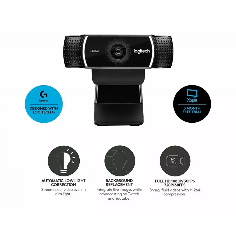 Logitech C922 1920 x 1080pikslit USB Must veebikaamera
