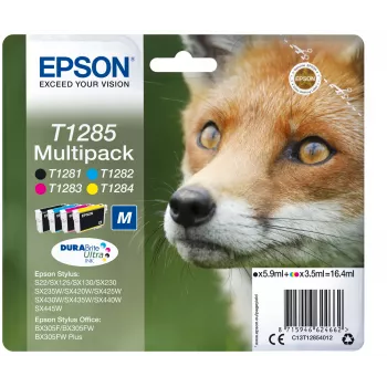 Epson Fox mitmikpakend 4-värviline T1285 DURABrite Ultra tint, must, tsüaan, magenta, kollane, 5,9 ml, 3,5 ml, 1 tk, Mitmikpakend