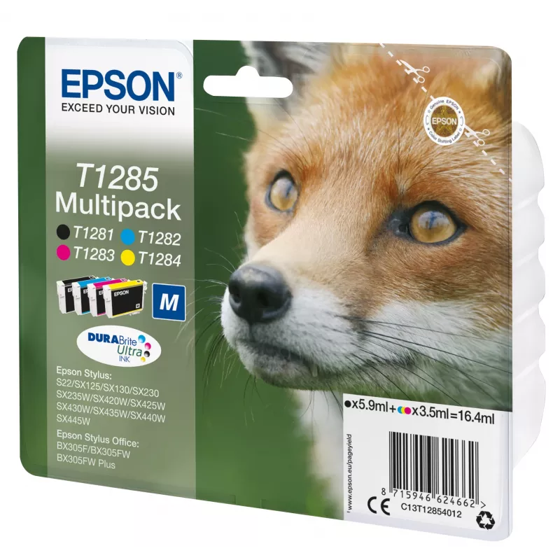 Epson Fox mitmikpakend 4-värviline T1285 DURABrite Ultra tint, must, tsüaan, magenta, kollane, 5,9 ml, 3,5 ml, 1 tk, Mitmikpakend