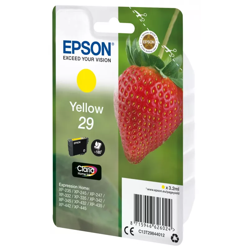 Epson Strawberry Singlepack Kollane 29 Claria Home Ink, standardtootlikkus, kollane, pigmentipõhine tint, 3.2 ml, 1 tk, 180 lehekülge