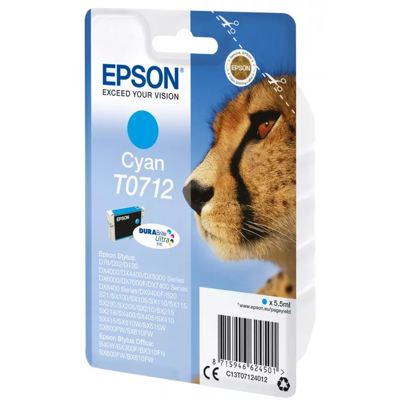Epson Singlepack Tsüaan T0712 DURABrite Ultra tint, standardne tootlus, Tsüaan, 5.5 ml, 1 tk