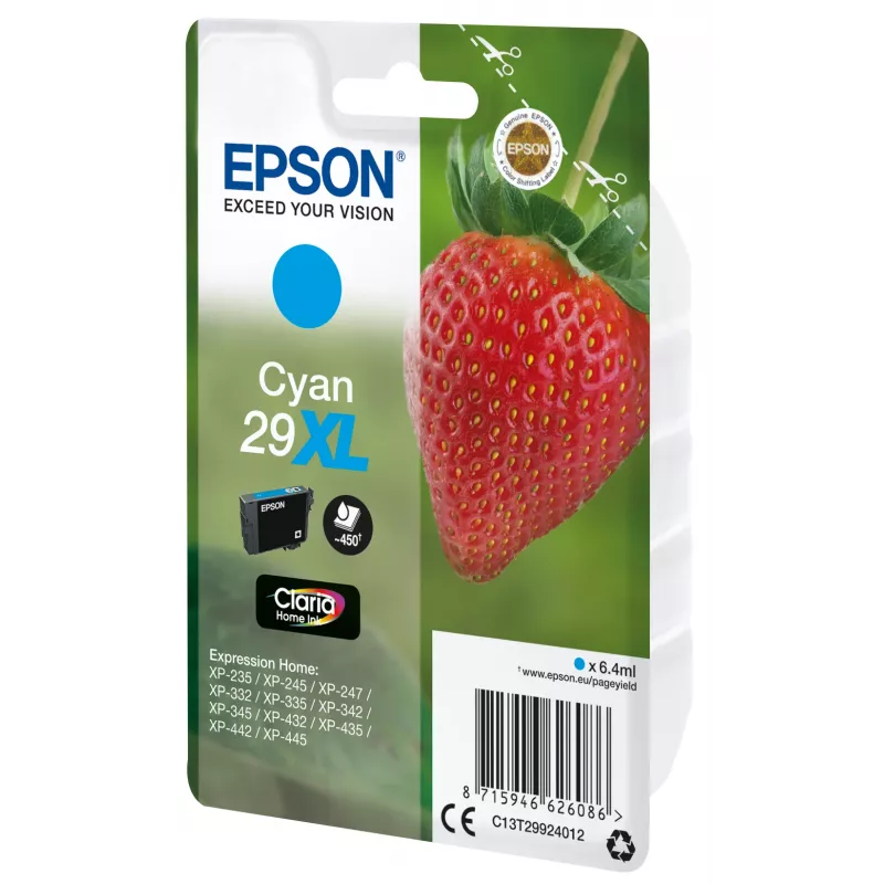 Epson Strawberry Singlepack tsüaan 29XL Claria Home Ink, suur (XL) tootlus, tsüaan, 6.4 ml, 1 tk, 450 lehekülge