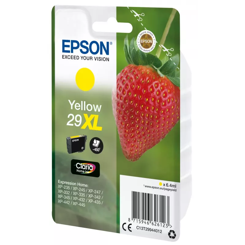 Epson Strawberry Singlepack kollane 29XL Claria Home tint, kõrge (XL) tootlikkus, kollane, pigmendipõhine tint, 6,4 ml, 1 tk, 450 lehekülge