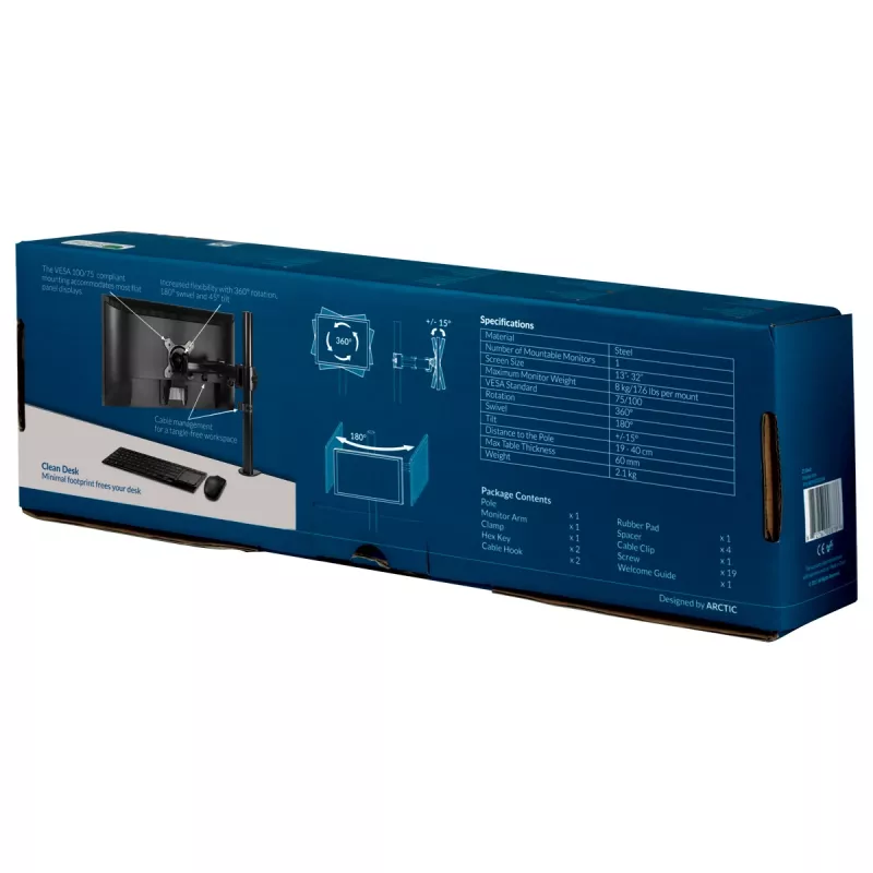 ARCTIC Z1 Basic - Lauakinnitusega monitori käsi, klamber, 8 kg, 33 cm (13 tolli), 81,3 cm (32 tolli), 100 x 100 mm, must