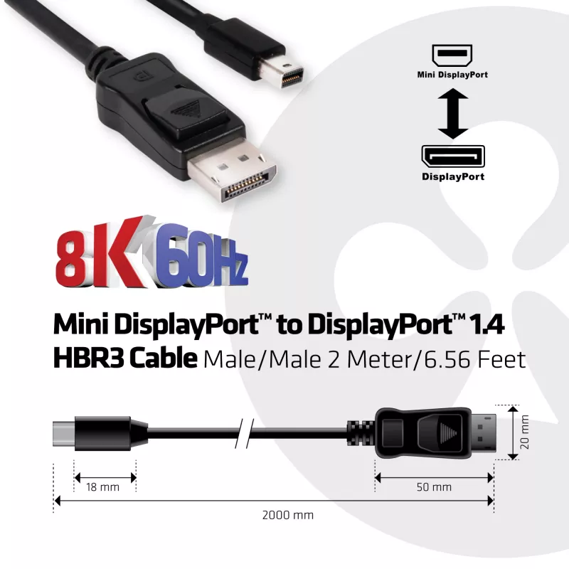 CLUB3D Mini DisplayPort to DisplayPort 1.4 HBR3 8K60Hz kaabel, 2 meetrit / 6.56 jalga