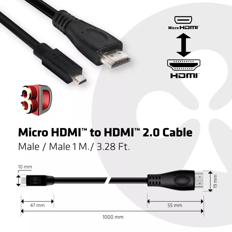 CLUB3D Micro HDMI™ to HDMI™ 2.0 4K60Hz kaabel 1M / 3.28 jalga