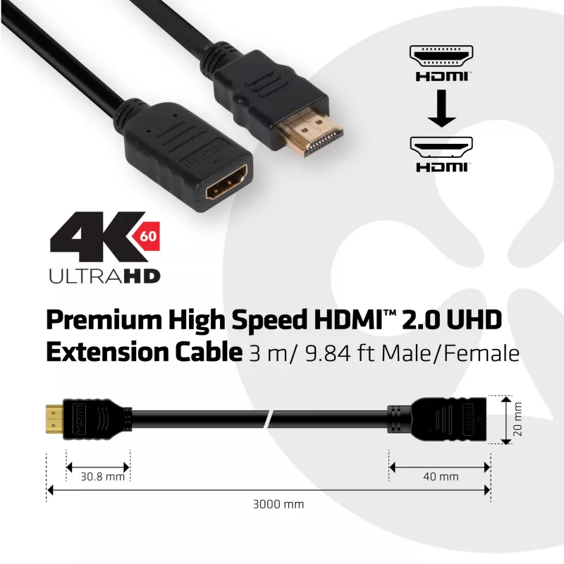 CLUB3D High Speed HDMI™ 2.0 4K60Hz pikenduskaabel 3m/ 9.8ft isane/emane